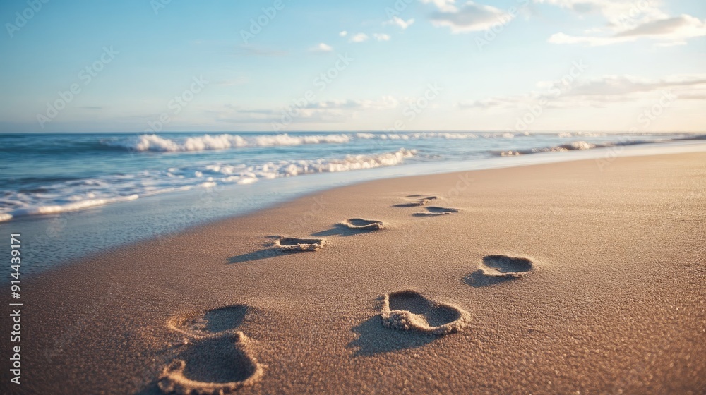 A trail of footprints in the sand, with the ocean gently lapping at the shore, providing a calm and serene background. A trail of footprints in the sand, with the ocean gently lapping at the shore, providing a calm and serene background.