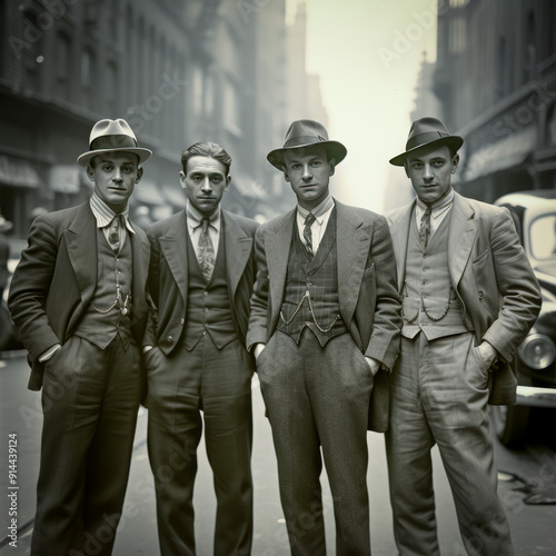 Black and white vintage photograph depicting four men in classic suits and hats standing on a city street exuding a timeless 1920s or 1930s era vibe