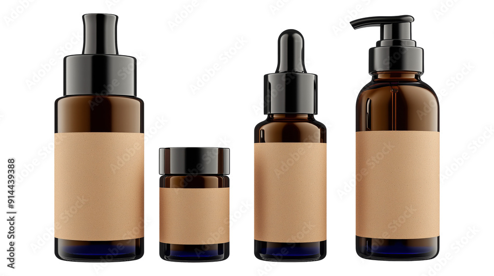 Skincare product bottles with a blank mock-up label isolated on transparent background Skincare product bottles with a blank mock-up label isolated on transparent background