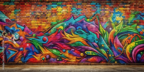 Graffiti-covered brick wall with vibrant street art , urban, spray paint, colorful, grunge, city, street culture
