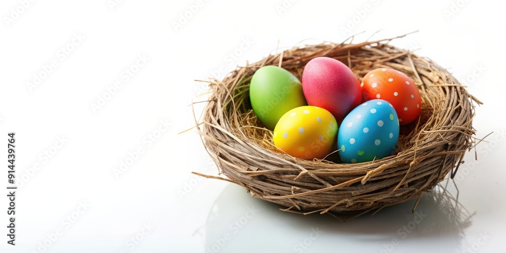 Easter eggs resting in a nest on a white background, Easter, eggs, nest, isolated, holiday, colorful, decoration Easter eggs resting in a nest on a white background, Easter, eggs, nest, isolated, holiday, colorful, decoration
