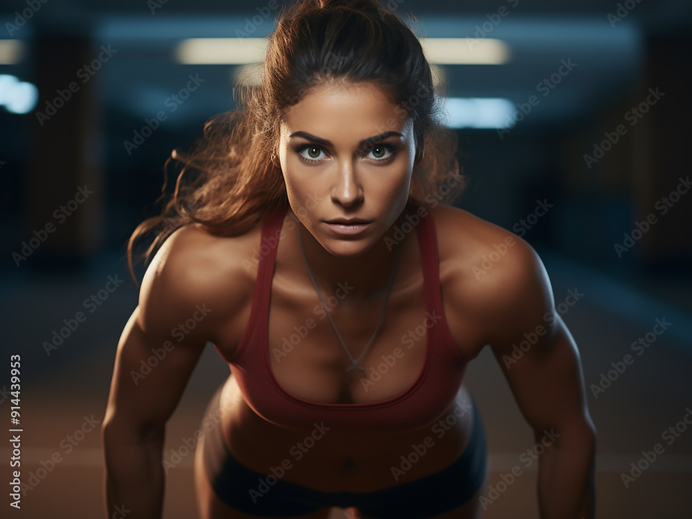 Female athlete poised to start running, ready for action Female athlete poised to start running, ready for action