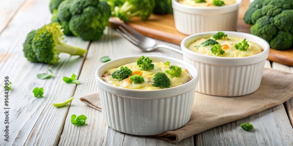 Ramekins with creamy broccoli gratin on a light wooden table, Broccoli, Gratin, Ramekins, Food, Side dish, Cheesy Ramekins with creamy broccoli gratin on a light wooden table, Broccoli, Gratin, Ramekins, Food, Side dish, Cheesy