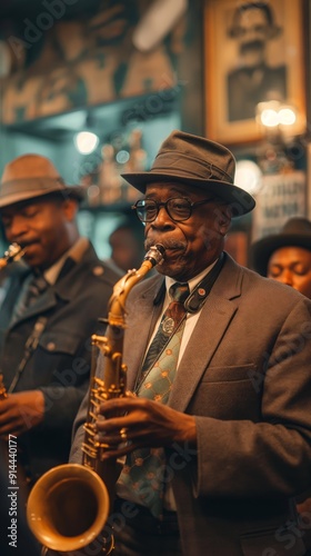 Black musicians in New Orleans. Mardi Gras street parade. Jazz Appreciation Month. Vertical banner