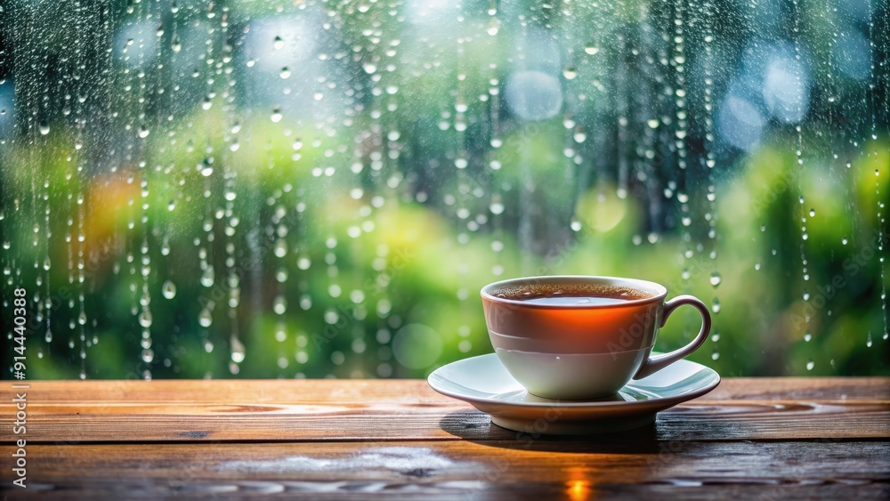 Cup of tea on a table with raindrops falling in the background, tea, cup, rain, table, wet, water, drink, relaxation