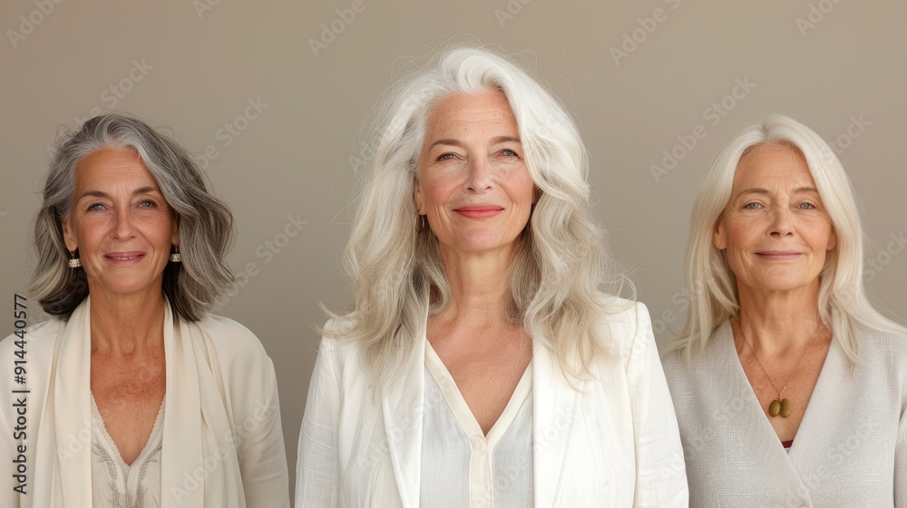 Three Older Women Smiling in White Outfits Against Neutral Background Three Older Women Smiling in White Outfits Against Neutral Background