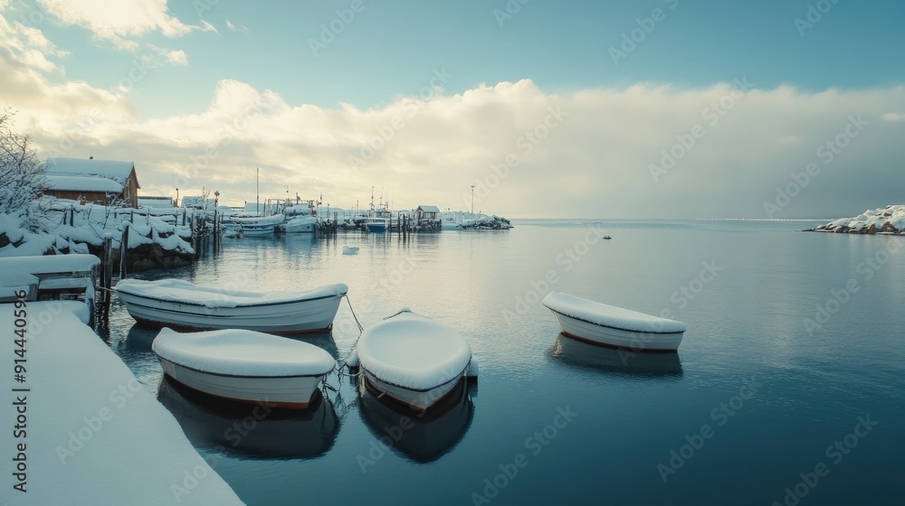 Snow blankets the harbor, creating a peaceful atmosphere as boats rest calmly on the still water under a soft blue sky