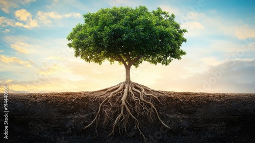 A tree with roots and branches interconnected, symbolizing growth and stability, providing a natural and inspiring background with ample copy space.