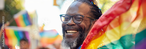 A man with a beard and glasses smiles widely while holding a rainbow flag, celebrating pride and acceptance. The image represents joy, unity, diversity, and LGBTQ+ rights.