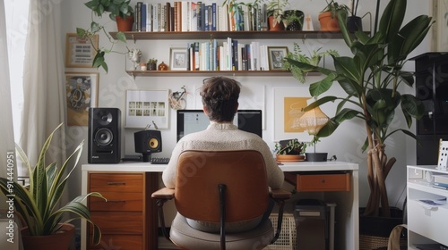 A modern home office setup with a person sitting at a desk, surrounded by plants, a bookshelf, and a high-quality sound system. The image represents productivity, creativity, and a comfortable workspa photo