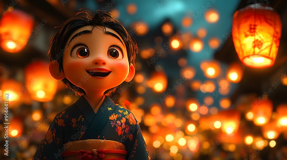 Charming Obon Lantern Festival with animated characters enjoying lanterns traditional dances and festive activities