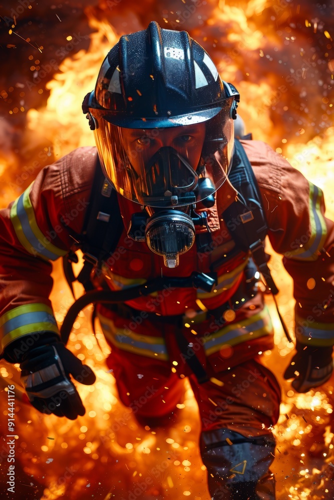 Firefighter bravely fighting daytime blaze during crucial emergency response operation Firefighter bravely fighting daytime blaze during crucial emergency response operation