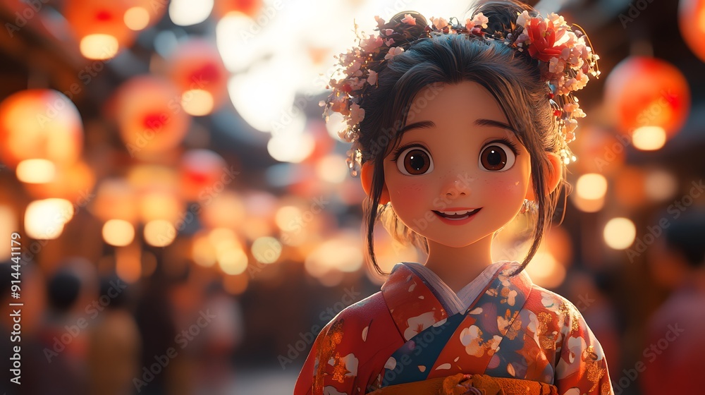 Charming Obon Lantern Festival with animated characters enjoying lanterns traditional dances and festive activities Charming Obon Lantern Festival with animated characters enjoying lanterns traditional dances and festive activities