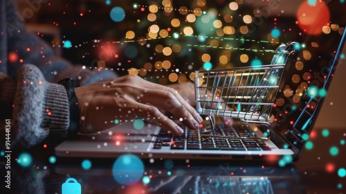 A person uses their laptop to shop online. A shopping cart icon floats over the keyboard, symbolizing the ease and convenience of online purchases. The festive lights in the background create a cheerf photo