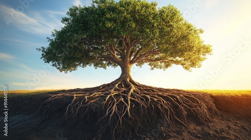 A tree with roots and branches intertwined, representing growth and stability, perfect for a natural and inspiring visual with ample copy space. photo