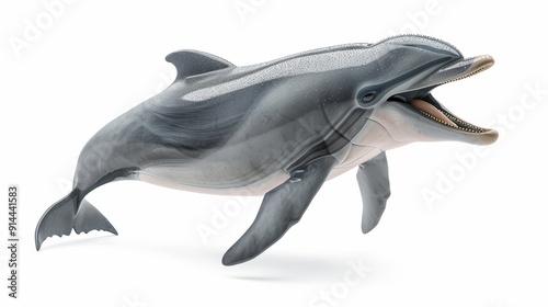 A playful dolphin leaps out of the water with its mouth wide open. The dolphin's sleek, gray body and powerful tail are perfectly captured in this image. The white background highlights the dolphin's 