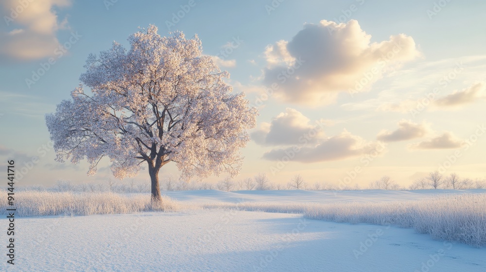 A snowy meadow features a lone tree standing peacefully beneath soft clouds, capturing the calmness of a winter afternoon A snowy meadow features a lone tree standing peacefully beneath soft clouds, capturing the calmness of a winter afternoon