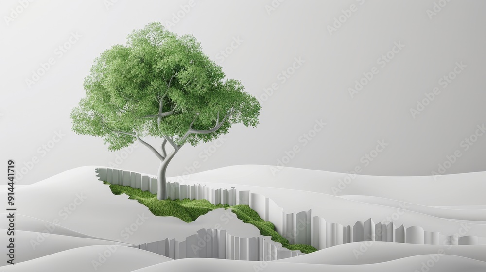 Obraz premium A single tree stands tall on a hill of white fabric, symbolizing growth, resilience, and hope amidst uncertainty.