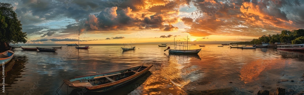Sunset Over Tropical Waters With Boats Sunset Over Tropical Waters With Boats