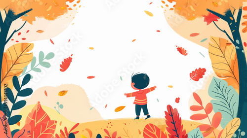 Child enjoying autumn leaves surrounded by colorful foliage.