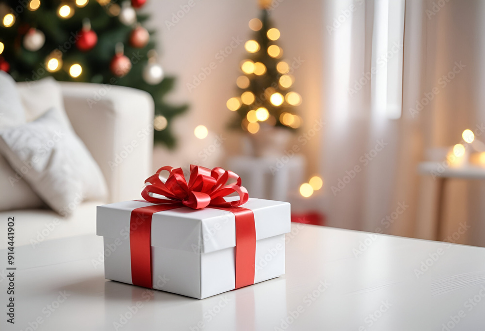 A white gift box with a red ribbon on a table in front of a christmas tree and light A white gift box with a red ribbon on a table in front of a christmas tree and light