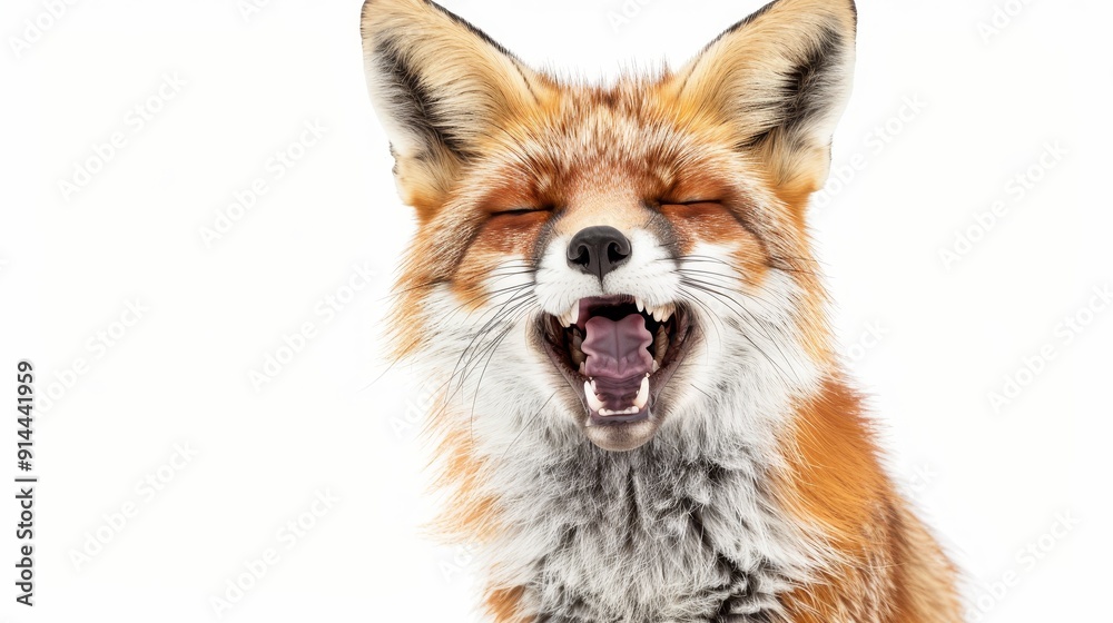 A red fox with a playful expression, yawning with its mouth wide open, showcasing its sharp teeth and pink tongue. The fox's eyes are closed, and its fur is soft and fluffy. The image captures a momen A red fox with a playful expression, yawning with its mouth wide open, showcasing its sharp teeth and pink tongue. The fox's eyes are closed, and its fur is soft and fluffy. The image captures a momen