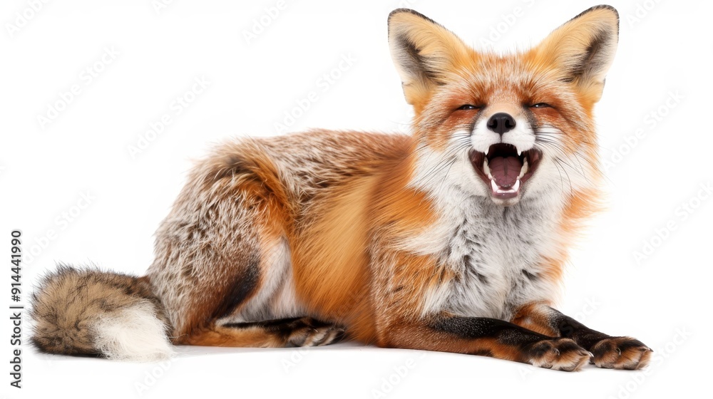 A red fox with a mischievous grin, its eyes closed and mouth wide open, lies down on a white background. The image symbolizes playfulness, joy, and a sense of humor, showcasing the fox's charming pers A red fox with a mischievous grin, its eyes closed and mouth wide open, lies down on a white background. The image symbolizes playfulness, joy, and a sense of humor, showcasing the fox's charming pers