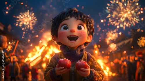 Festive Bonfire Night with animated characters enjoying fireworks bonfires and traditional toffee apples photo