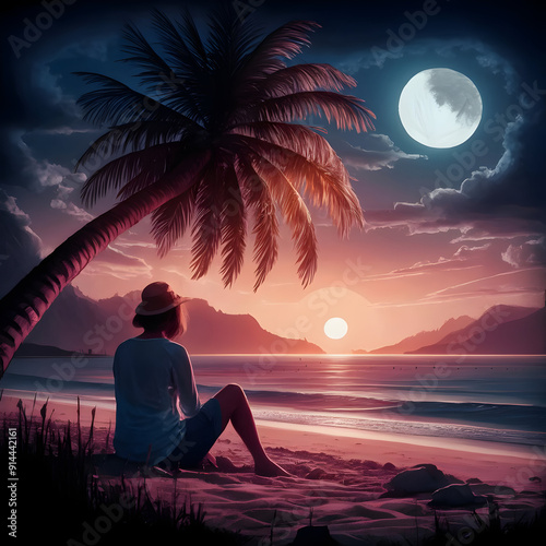 A woman sitting under a palm tree on the beach