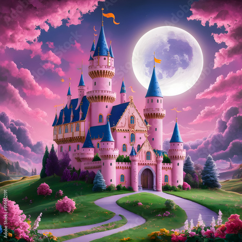 A pink castle with a full moon in the background