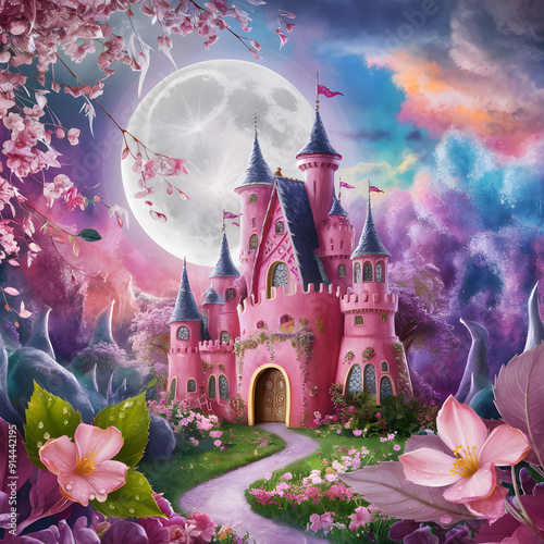 A pink castle with a full moon in the background