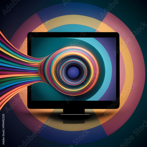 A computer screen with a colorful swirl coming out of it