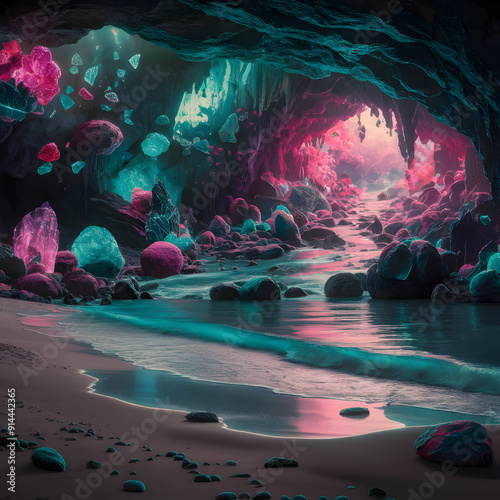 A cave filled with lots of rocks and water