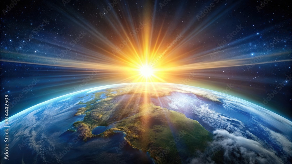 Fototapeta premium Sun shining bright over Earth, Earth, sun, space, planet, sunlight, solar system, astronomy, celestial, orbit, universe, galaxy, light