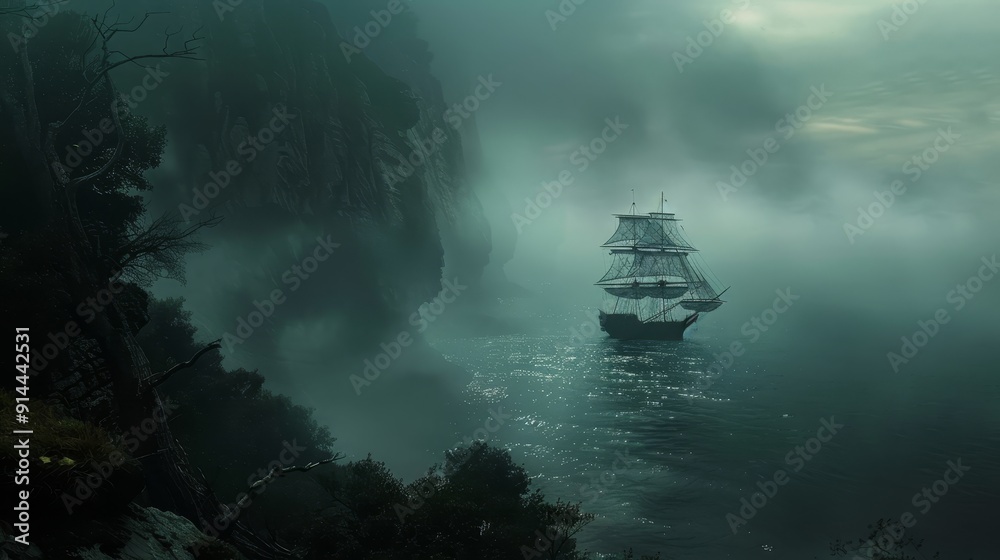 Fototapeta premium A ship sails towards a mysterious cliff shrouded in fog, symbolizing adventure, exploration, uncertainty, and the unknown.