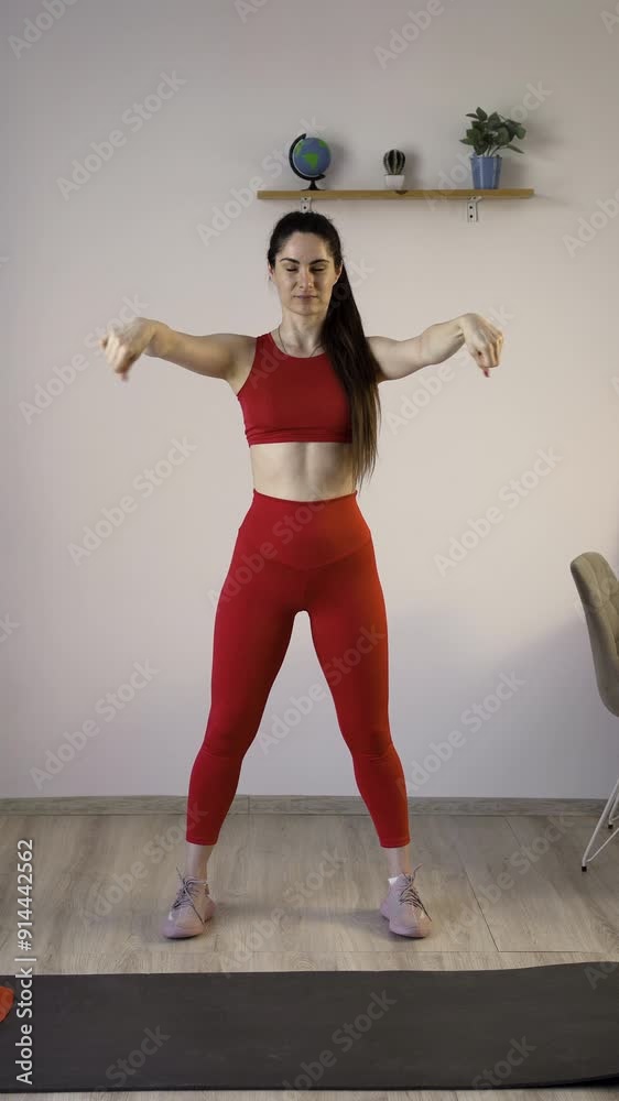 Hispanic woman in red leggings and top stretching her hands and elbows doing fitness and stretching at home. Fitness, sports and healthy lifestyle Hispanic woman in red leggings and top stretching her hands and elbows doing fitness and stretching at home. Fitness, sports and healthy lifestyle