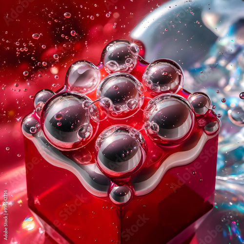 A red cube surrounded by many shiny balls