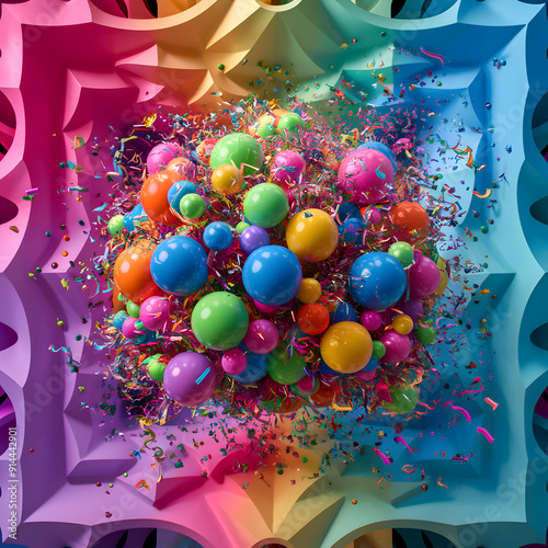 A bunch of colorful balloons and confetti sprinkles