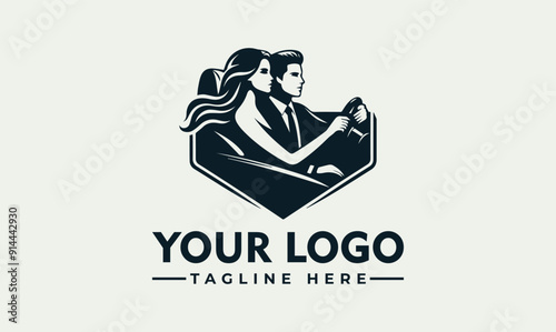 Vector logo design of man and woman driving a car. Suitable for automotive, travel, retro, and vintage themed designs.