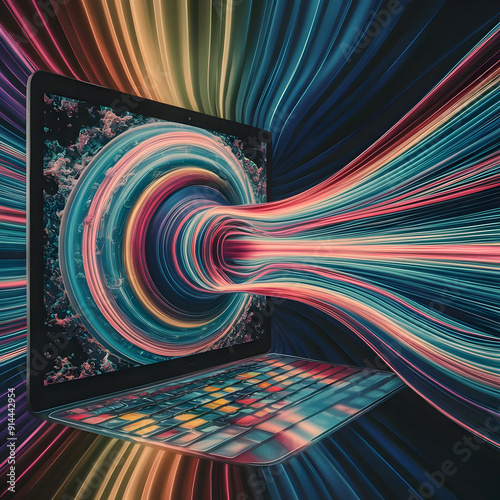 A computer screen with a colorful swirl coming out of it