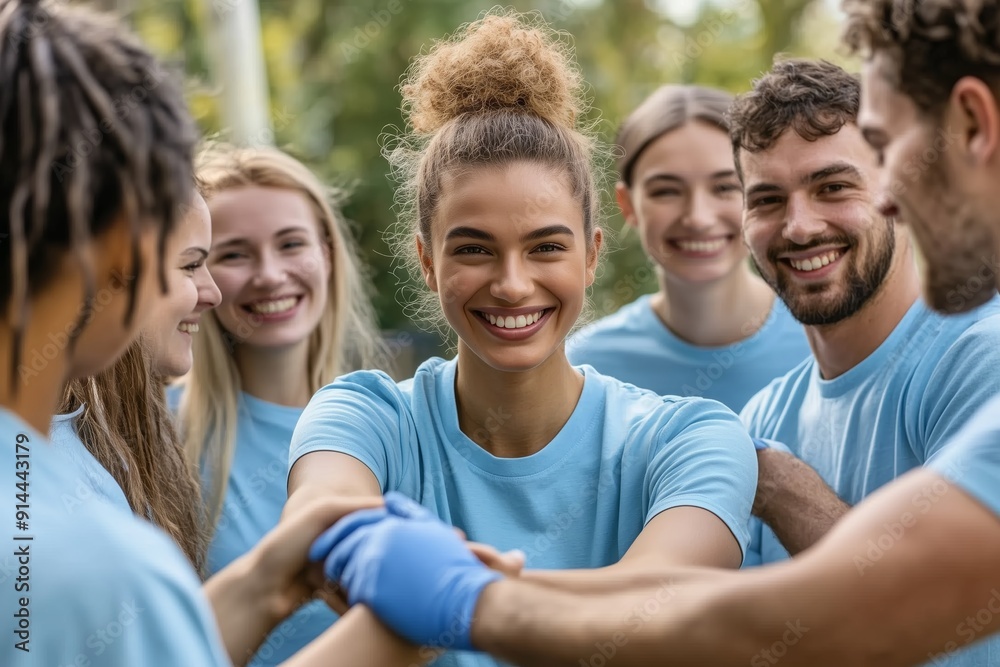 A Group of Young Volunteers Smiling and Shaking Hands in a Park During a Community Service Day A Group of Young Volunteers Smiling and Shaking Hands in a Park During a Community Service Day
