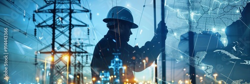 Wallpaper Mural A silhouette of an electrical engineer working on a power grid, with a map of the United States and a city skyline in the background, symbolizing power, infrastructure, connectivity, progress, and the Torontodigital.ca