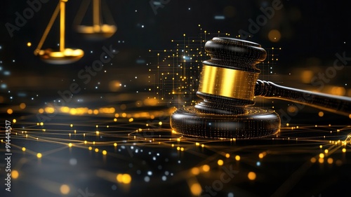 Golden gavel with a digital interface background, justice, law in the tech world