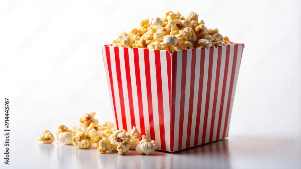Striped box filled with popcorn on a white background, popcorn, snack, striped, carton, container, food, cinema Striped box filled with popcorn on a white background, popcorn, snack, striped, carton, container, food, cinema