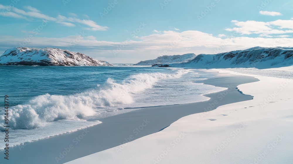 Soft waves lap against the snow-covered shore, creating a peaceful winter atmosphere in an untouched coastal landscape Soft waves lap against the snow-covered shore, creating a peaceful winter atmosphere in an untouched coastal landscape
