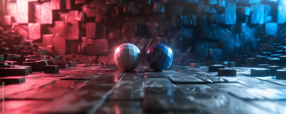 Two glowing spheres in a futuristic, red and blue, abstract space. Two glowing spheres in a futuristic, red and blue, abstract space.