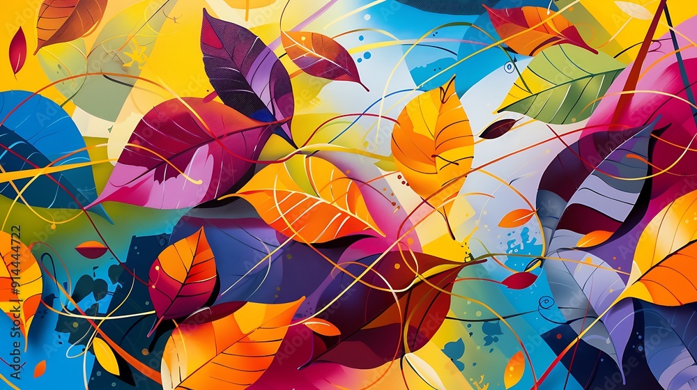 A vibrant abstract of autumn leaves and vines, with bold colors and dynamic shapes A vibrant abstract of autumn leaves and vines, with bold colors and dynamic shapes