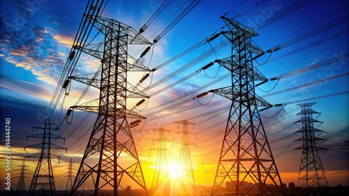 Electricity transmission towers with glowing wires against blue sky , energy, transmission, power lines, infrastructure