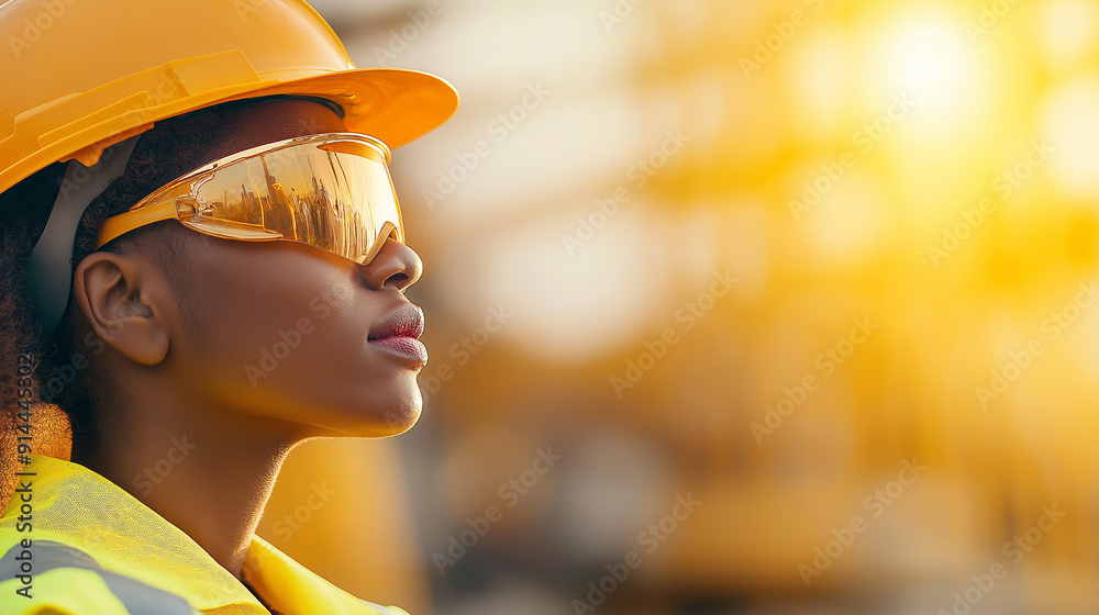 A woman wearing a yellow helmet and safety glasses is looking at the camera A woman wearing a yellow helmet and safety glasses is looking at the camera