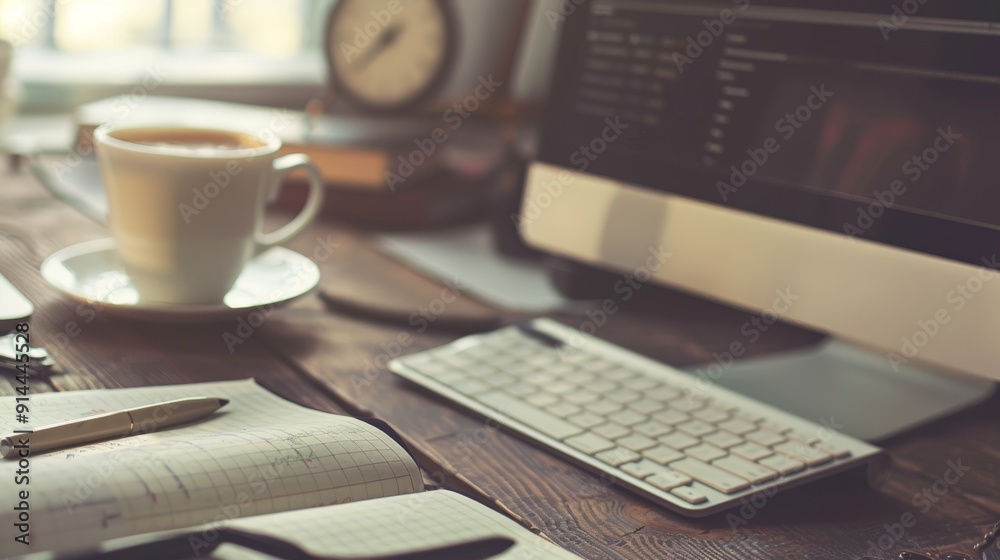 A warm and inviting workspace with a cup of coffee, an open notebook, and a computer, symbolizing productivity, creativity, and comfort. A warm and inviting workspace with a cup of coffee, an open notebook, and a computer, symbolizing productivity, creativity, and comfort.